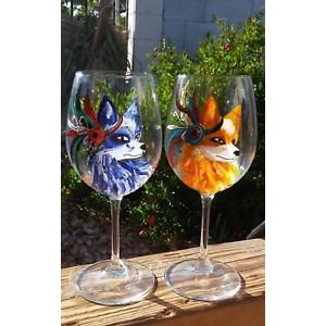 Hand painted wine glass 18Oz fox glass painting