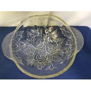 Big glass bowl handle roses pressed down 10" retro