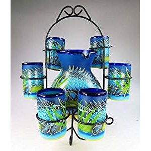 Hand blown, painted, blue and sea fish design, display stand