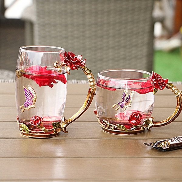 Lovely red rose pattern glass-lined cup drip spoon handle high temperature mug gift decor: red roses spoon size: 2.3x15cm