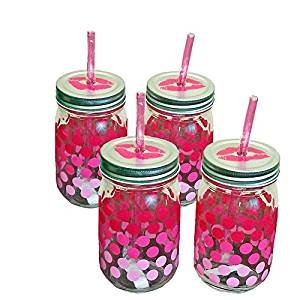 Pink lips Mason jar lid and drinking straw Set 4