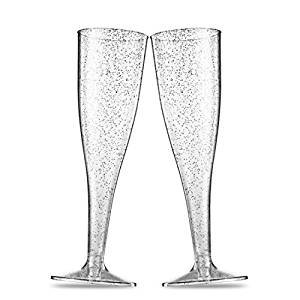 Silver glitter plastic goblet champagne glass to toast 5 oz clear plastic disposable wedding party cocktail glass