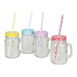 Glass jam jar with plastic straws and lid