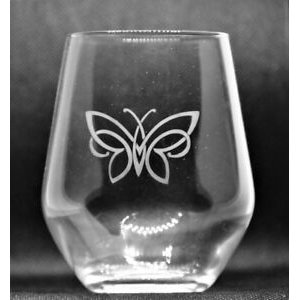 Hand-etched stemless wine glass / flat bottom cup with contemporary butterfly