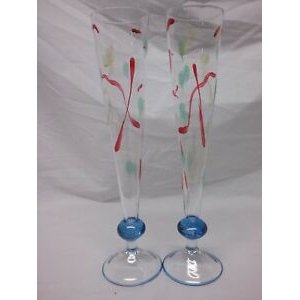 Hand painted red blue green champagne flute ball stem glass