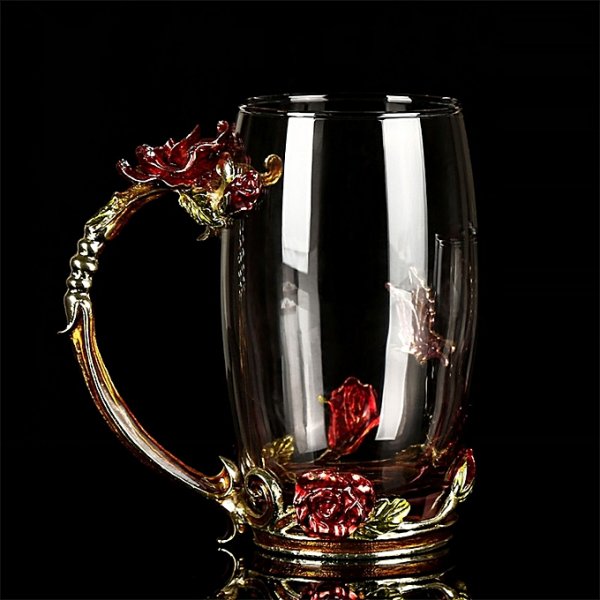 Red rose pattern glass-lined cup drip spoon handle high temperature mug gift decor: high style