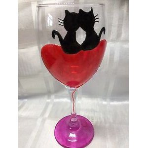 Hand painted two black cats in red heart balloon big wash glasses