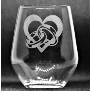 Hand-etched stemless wine glass / flat bottom cup heart and ring