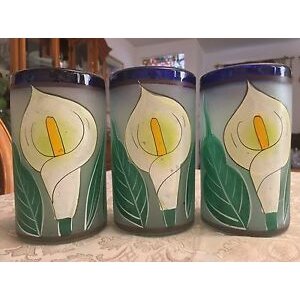 Hand blow painting flat bottom cup frosted glass flower blue circle lily plot