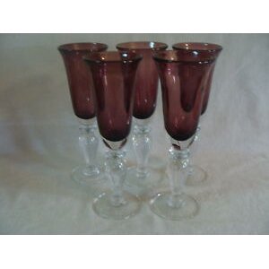 Amethyst purple blown glass, 5 tall flute stemware glass dried bulbs