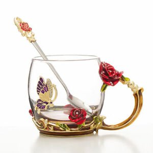 Rose Flower Butterfly 3D glass-lined cup spoon cup